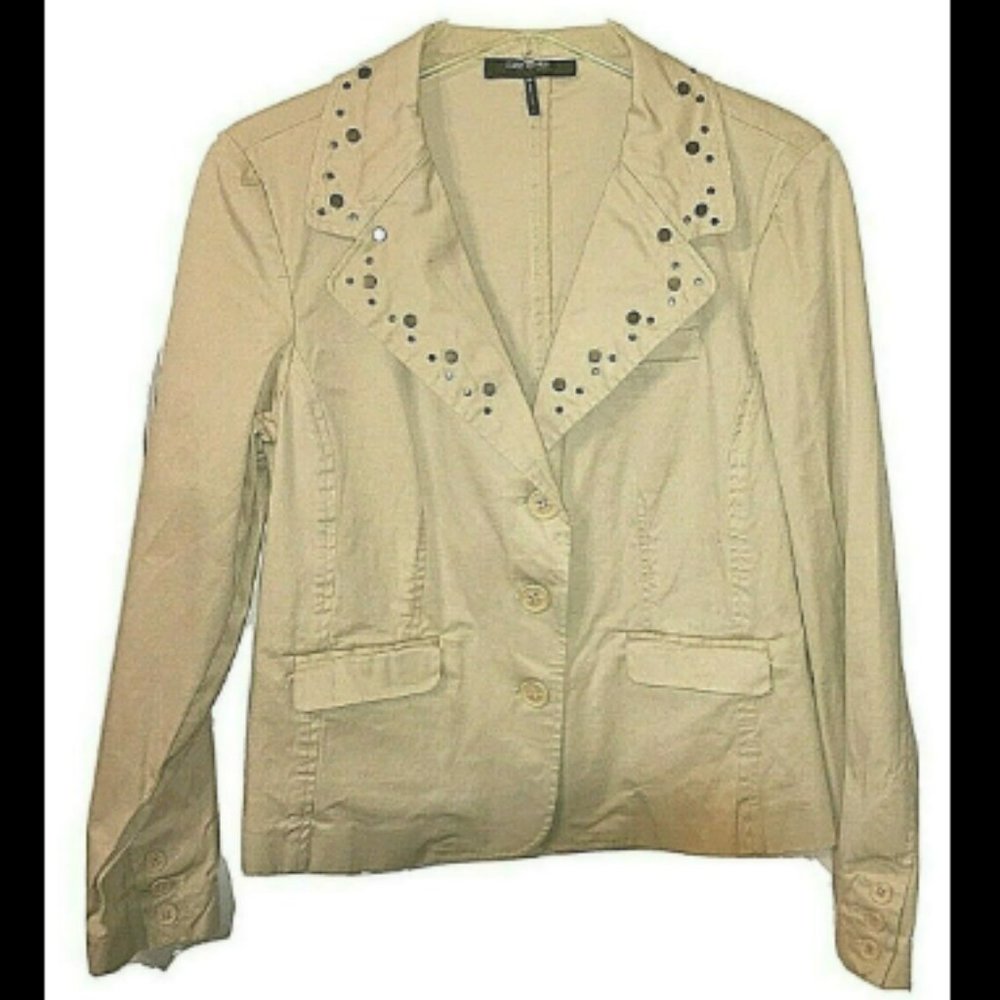 Daisy Fuentes Jacket Blazer Studs 16P Tan Beige 3 buttons 2 Hip Pockets Stretch